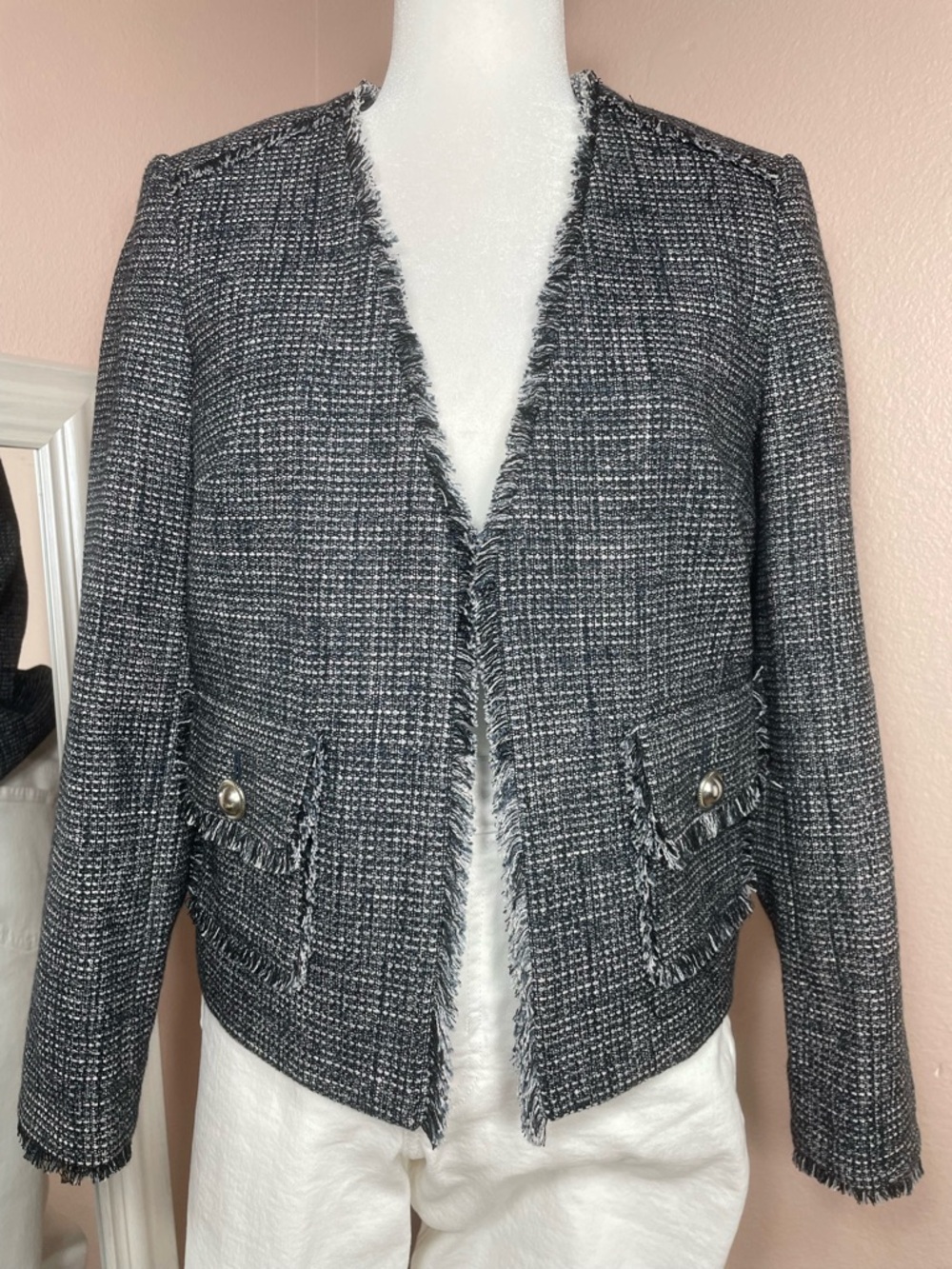 Express Tweed Jacket Small Fringe Trim Blue Black Career Chic‎ Blazer